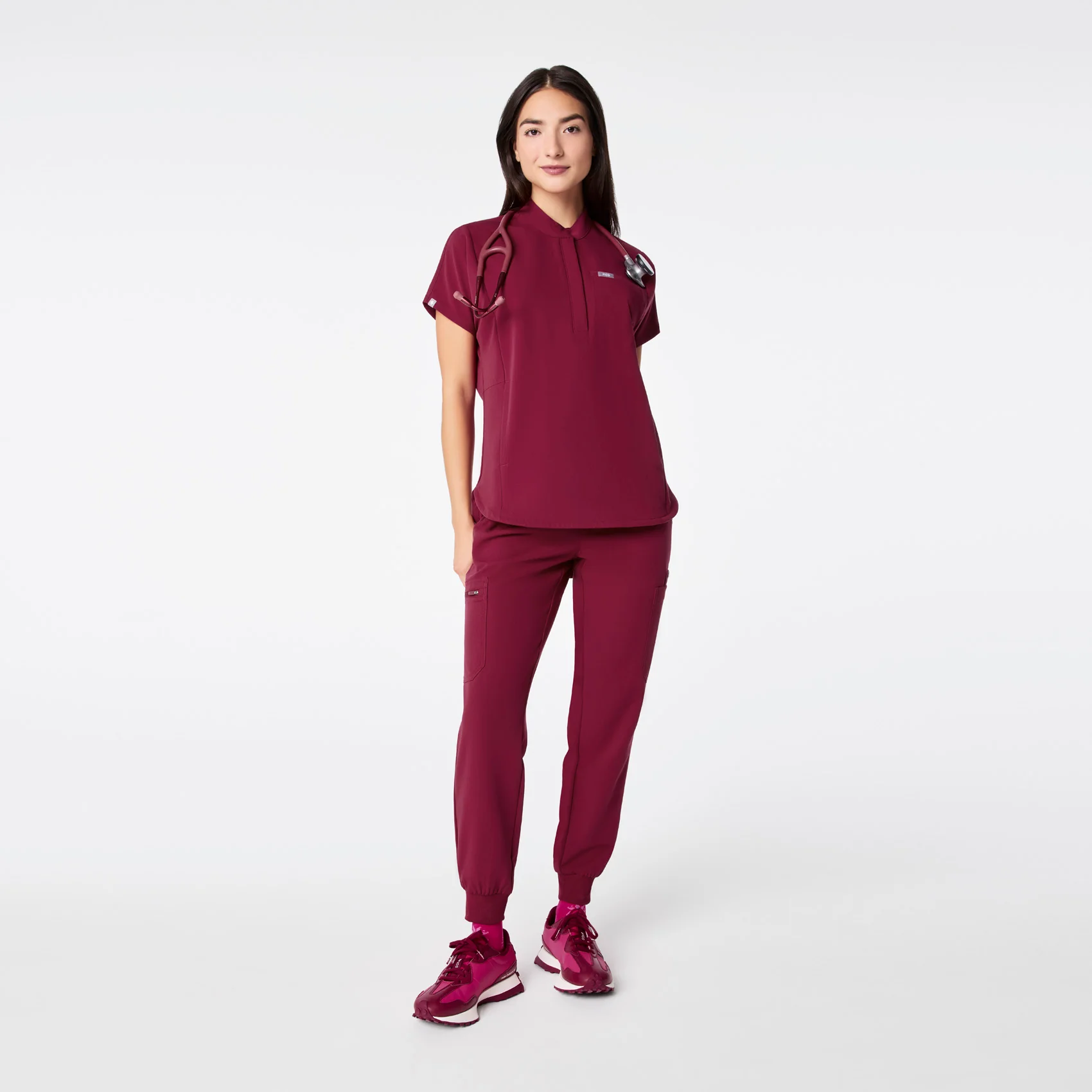 women's Deep Cranberry Montex - Mock Neck Scrub Top