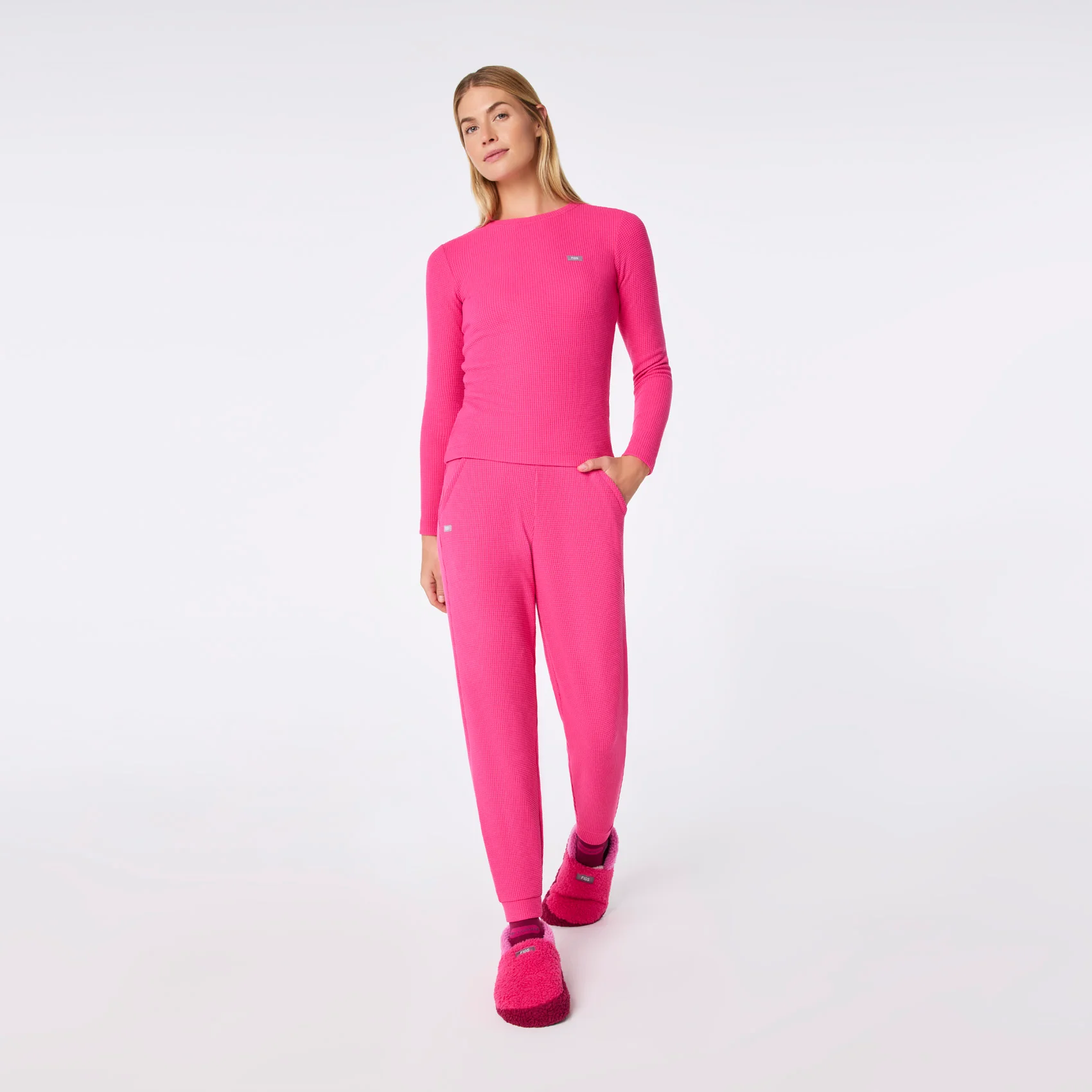 women's Shocking Pink Off-Shift Waffle - Crewneck Top™
